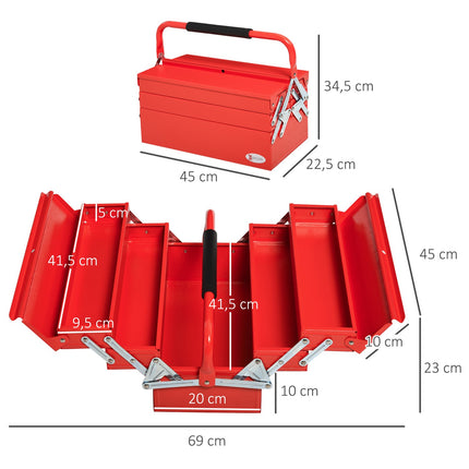 Space-saving steel toolbox with 5 compartments, red