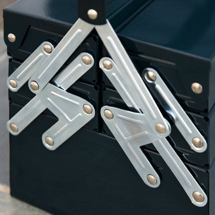Steel tool box: hinged, 5 compartments, dark green