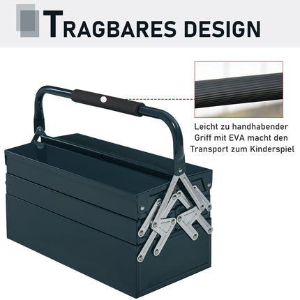 Steel tool box: hinged, 5 compartments, dark green