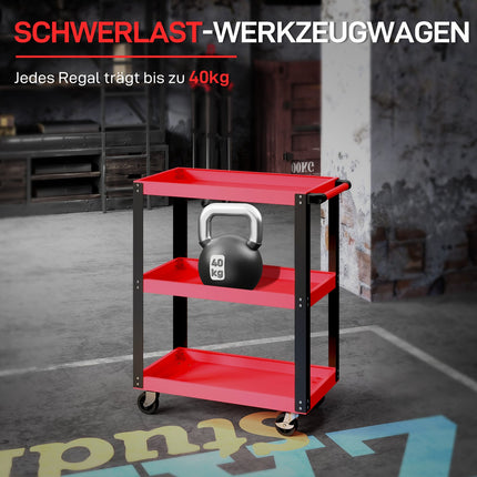 Tool Cart, 3 Tiers, Metal Frame, 120kg Capacity, Red