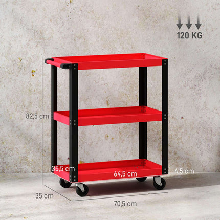 Tool Cart, 3 Tiers, Metal Frame, 120kg Capacity, Red