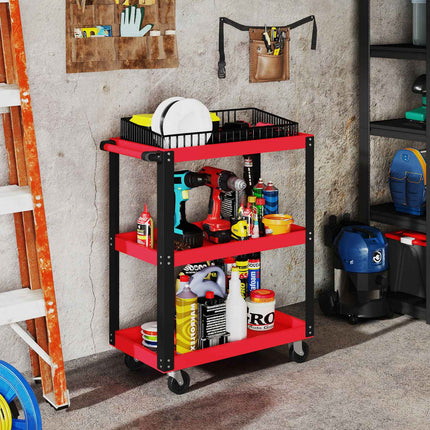 Tool Cart, 3 Tiers, Metal Frame, 120kg Capacity, Red