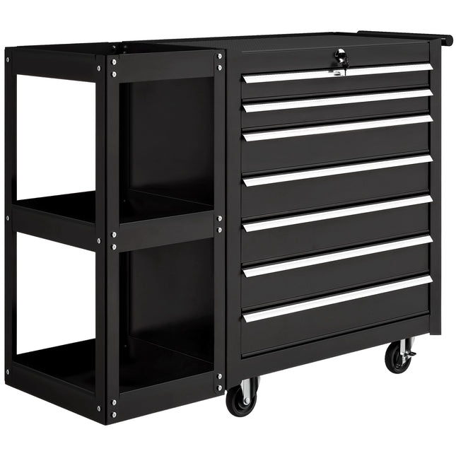 Tool Cart with 7 Drawers, 3-Tier Shelf, Steel, Black