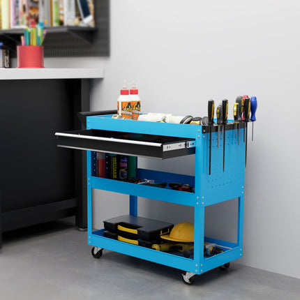 Tool Cart with Drawer, 3 Shelves, Steel, Red/Black