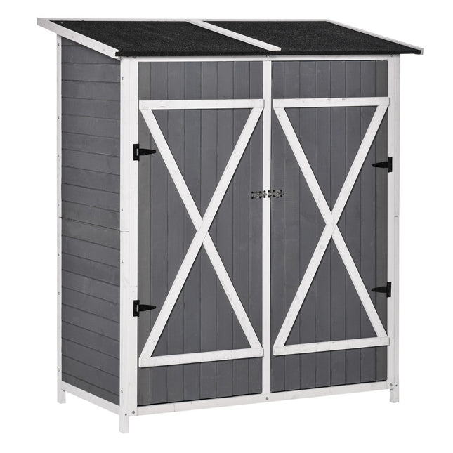Garden tool shed, spruce, asphalt roof, 2 doors, gray and white