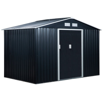 Garden shed in charcoal gray steel with floor and sliding doors