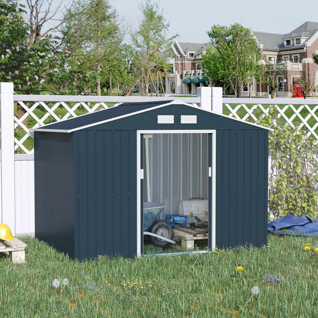 Garden shed in charcoal gray steel with floor and sliding doors