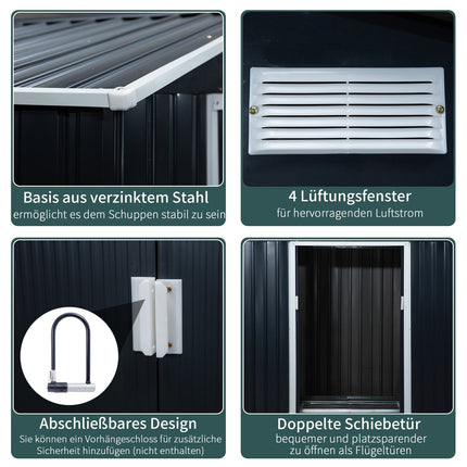 Garden shed in charcoal gray steel with floor and sliding doors