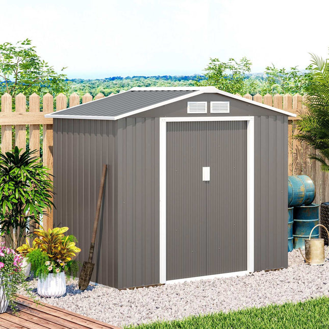 Weatherproof steel garden shed, sliding doors, floor frame