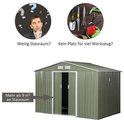 Metal tool shed with foundation, light green, 277x195x192 Cm