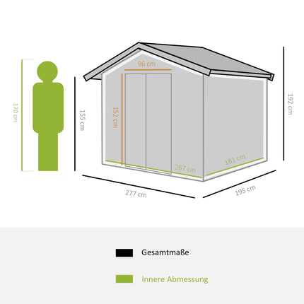 Metal tool shed with foundation, light green, 277x195x192 Cm