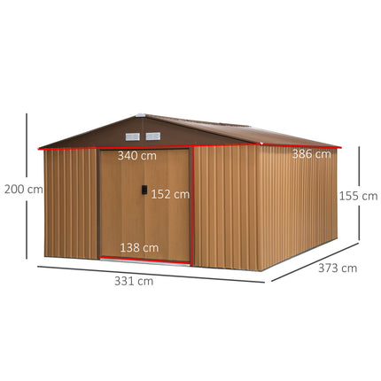 Metal garden tool shed, brown, with base plate, 340x386x200 cm