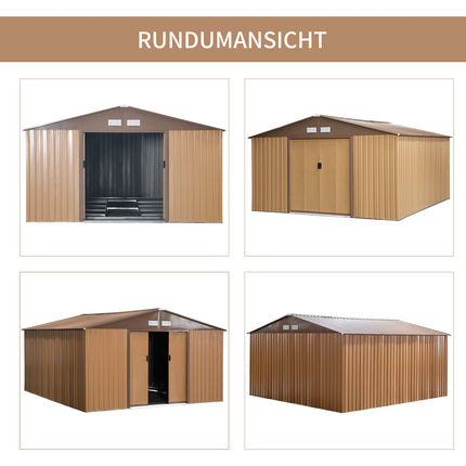 Metal garden tool shed, brown, with base plate, 340x386x200 cm