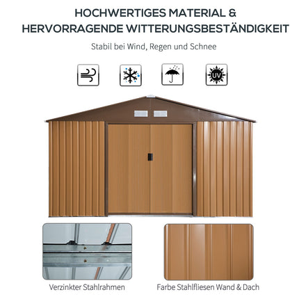 Metal garden tool shed, brown, with base plate, 340x386x200 cm