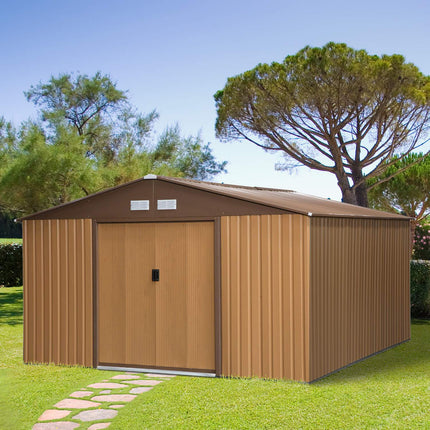 Metal garden tool shed, brown, with base plate, 340x386x200 cm