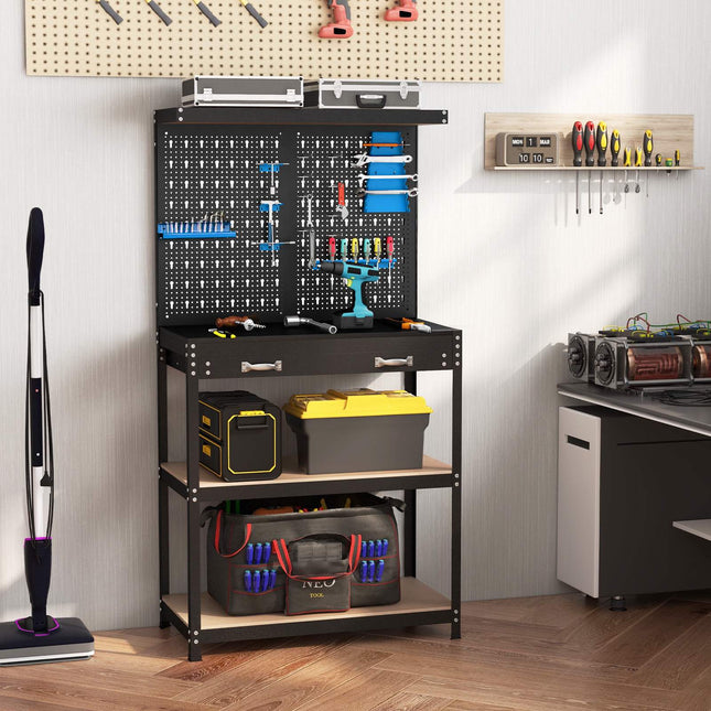 Tool Storage Workbench – Pegboard, Drawer, Shelves, Blue