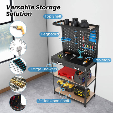 Tool Storage Workbench – Pegboard, Drawer, Shelves, Blue