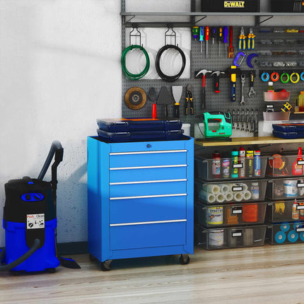 Tool Trolley with 5 Drawers, Steel, Blue, Lockable