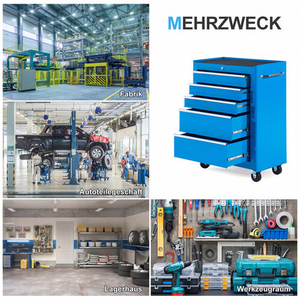 Tool Trolley with 5 Drawers, Steel, Blue, Lockable