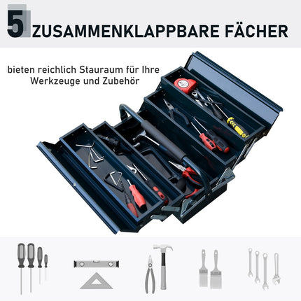 Collapsible steel toolbox, 5 compartments, dark green, 57x21x41 cm