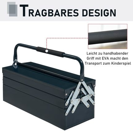 Collapsible steel toolbox, 5 compartments, dark green, 57x21x41 cm
