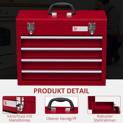 Steel tool box with lock, 4 drawers, top storage, 51 cm