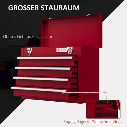 Steel tool box with lock, 4 drawers, top storage, 51 cm