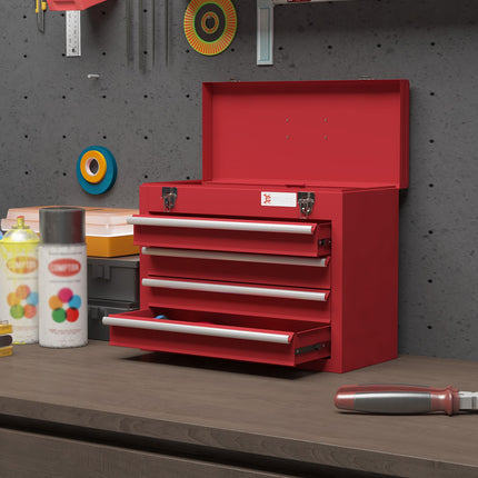 Steel tool box with lock, 4 drawers, top storage, 51 cm