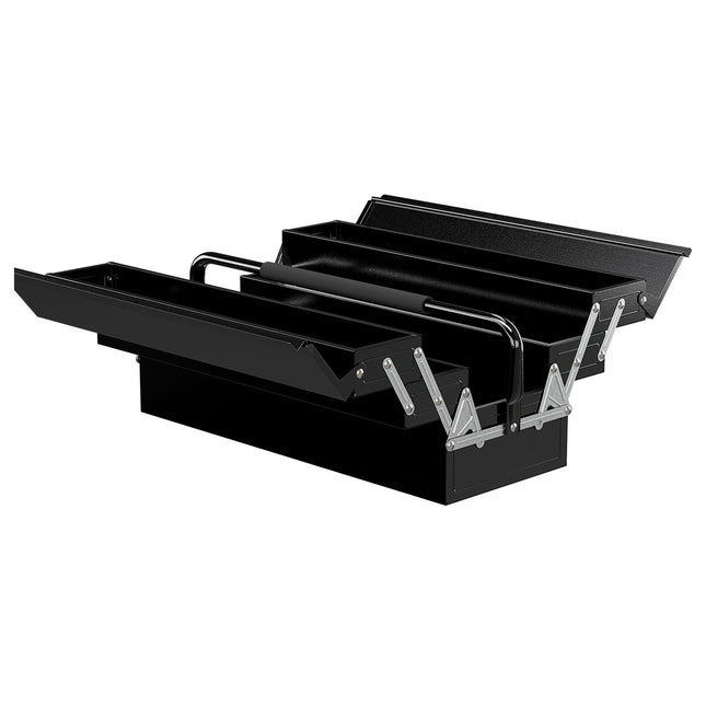 Folding tool box in steel, 5 compartments, black, 56x20x41 cm