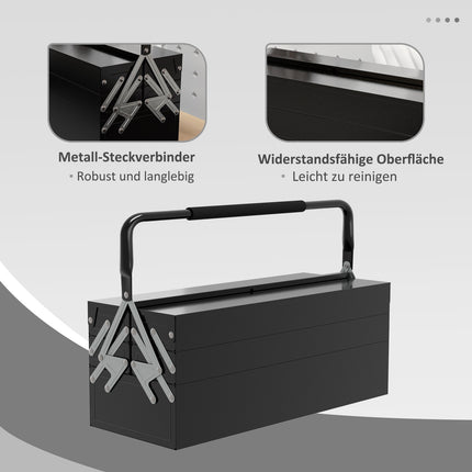 Folding tool box in steel, 5 compartments, black, 56x20x41 cm