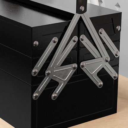 Folding tool box in steel, 5 compartments, black, 56x20x41 cm