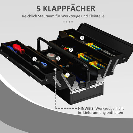 Folding tool box in steel, 5 compartments, black, 56x20x41 cm
