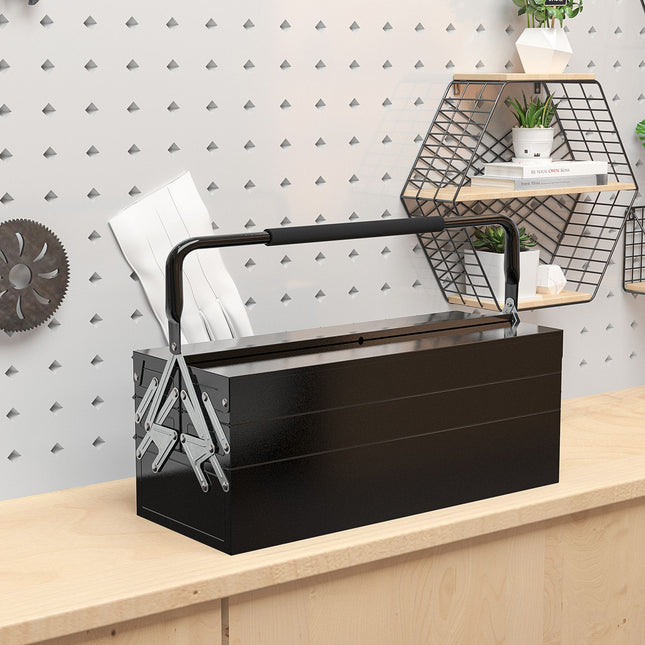 Folding tool box in steel, 5 compartments, black, 56x20x41 cm