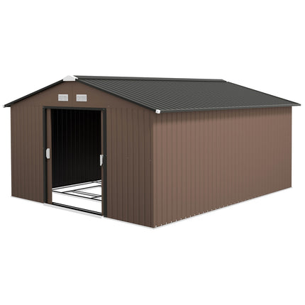Gereedschapsschuur 12,4 m², tuinhuis met lessenaarsdak, schuifdeur, fundering, 340 x 386 x 200 cm, gereedschapsschuur van gegalvaniseerd staal, weerbestendig, voor tuin, bruin