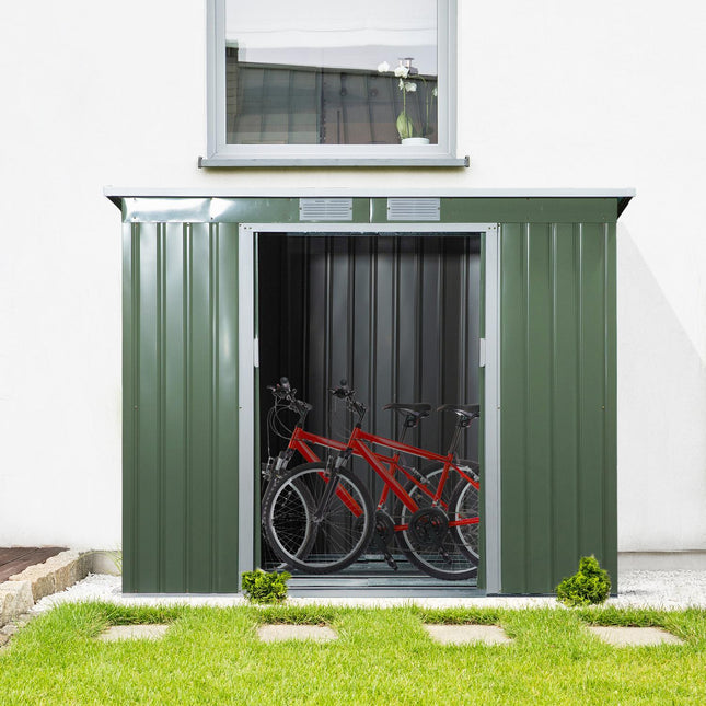 Garden shed in green steel - weatherproof with ventilation and door