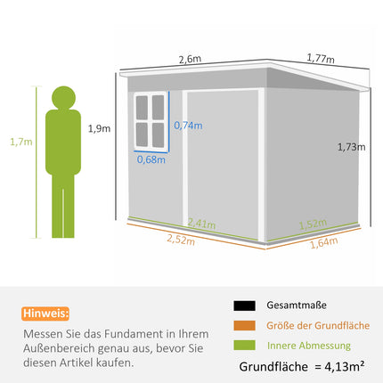 Gereedschapsschuur 4,13 m³, tuinhuis, 260 x 177 x 190 cm, gereedschapsschuur met raam, afsluitbare deur, fietsenstalling, tuinkast van staal, voor achtertuin, tuin, donkergrijs |