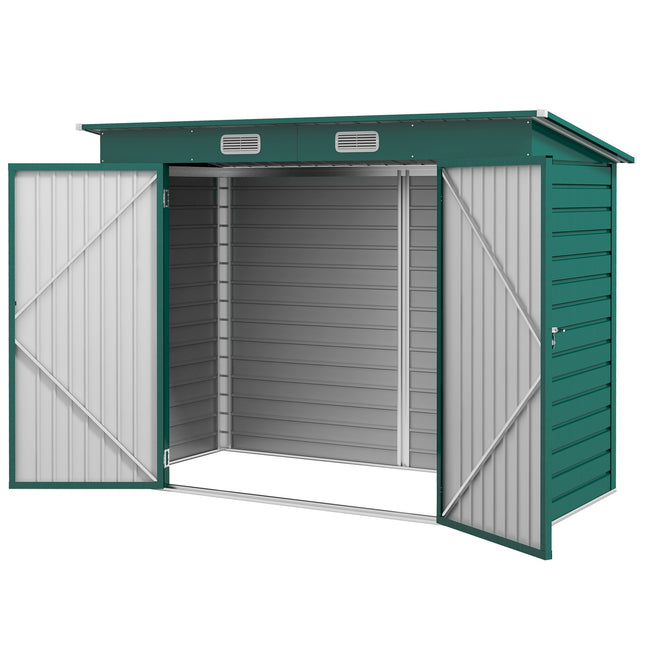 Garden shed with roof in green steel with lockable doors