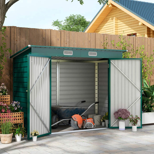 Garden shed with roof in green steel with lockable doors