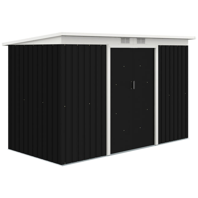 Outdoor tool shed in steel with sliding door, ventilation window
