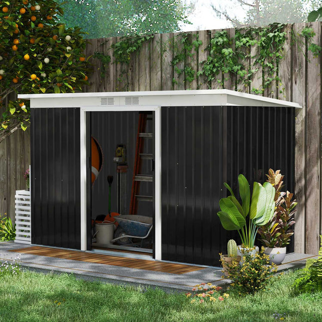 Outdoor tool shed in steel with sliding door, ventilation window