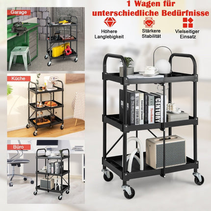 Tool trolley 3 levels folding trolley on wheels 61 x 44 x 96 cm black