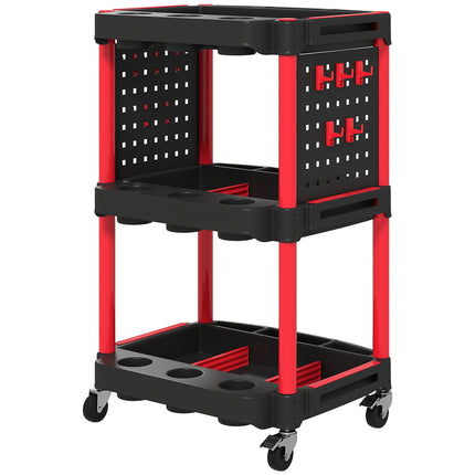 Tool Trolley, 3-Tier Shelves, 4 Wheels, Plastic, Red
