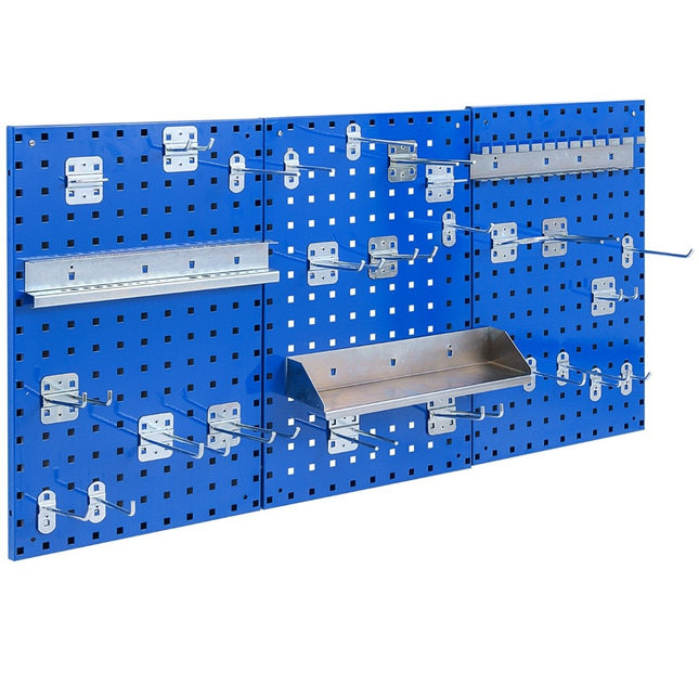 Tool wall tool perforated wall with 3 pegboards &amp; 28 Piece Hanging Accessories Blue