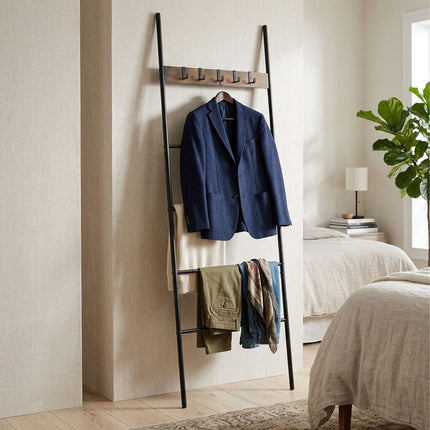 Towel Ladder with 4 Rungs & 5 Hooks – Brown, Steel & MDF