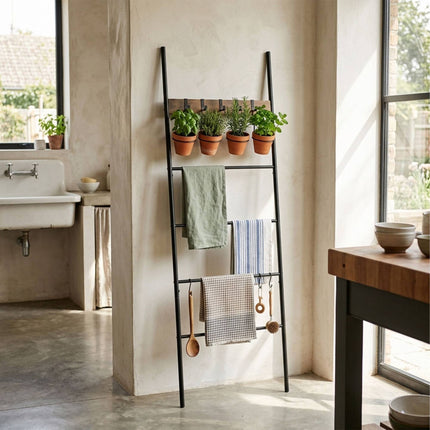 Towel Ladder with 4 Rungs & 5 Hooks – Brown, Steel & MDF
