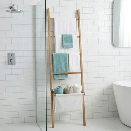 Towel Ladder with Walnut Finish and Laundry Basket