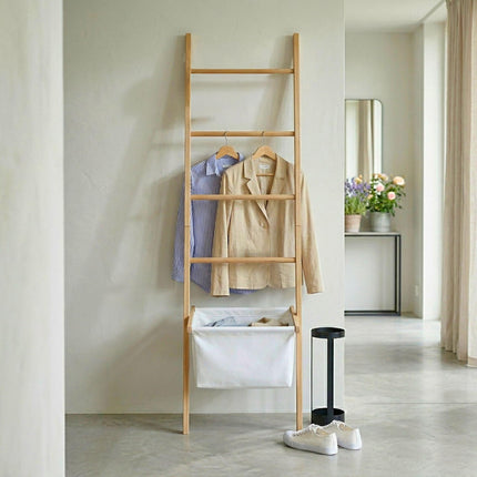 Towel Ladder with Walnut Finish and Laundry Basket