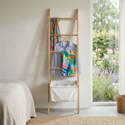 Towel Ladder with Walnut Finish and Laundry Basket