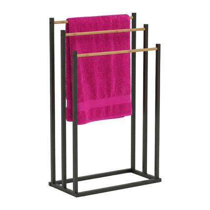 Towel Rack, 3-Bar Freestanding Metal and Bamboo