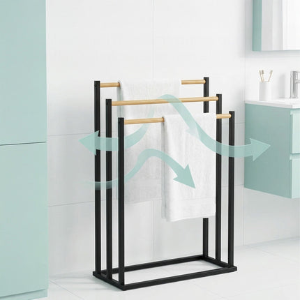 Towel Rack, 3-Bar Freestanding Metal and Bamboo